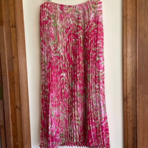 RUBY RD. Pleated Elastic Waist Pink Green Swirl Print Maxi Skirt 10 - Picture 2 of 15